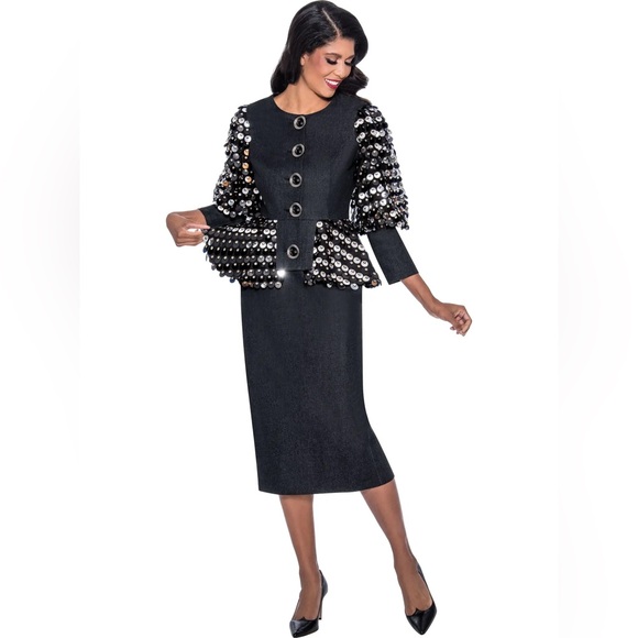Denim 2Pc Skirt Suit Set w/ Jewel Embellished Sleeves – Size 18W - Picture 1 of 2